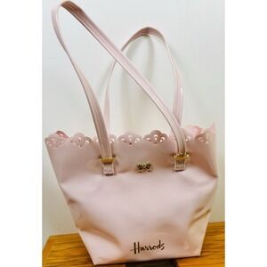 HARRODS Pink Shiny Large Tote Bag Gold Bow Double Handle Scalloped Edges PVC